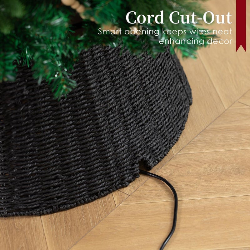 Deerher Rustic Farmhouse Christmas Tree Collar - 28Inch Woven Wicker Tree Base Stand Cover for Artificial Trees - Holiday Decoration Ring Skirt Basket for 6ft 7.5ft 9ft Tree, Natural & Stable(Black) - Image 4